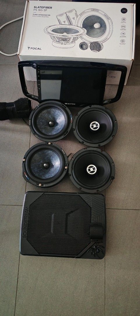 Focal PS 165 SF Speakers and Subwoofer (Category: Soundbars, Speakers & Amplifiers) located in Singapore. Submitted by calvinnn90 (Listing ID 1450791426, Image 1). Description: - Focal PS 165 SF Speaker Set - soundstream woofer -soundsteam head unit (wireless Androidauto , apple carplay) used about 2 years . selling as a whole..