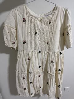 White Embroidered Tiered Midi Dress with Puff Sleeves
