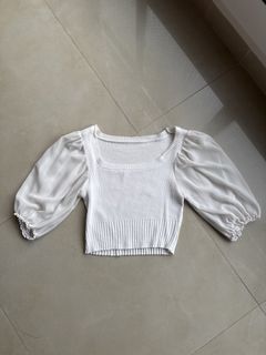 White Square Neck Puff Sleeve Knit Top