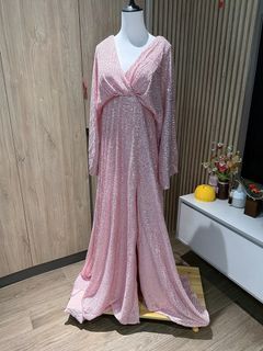 Pink Sequin V-Neck Maxi Dress with Lace-Up Back