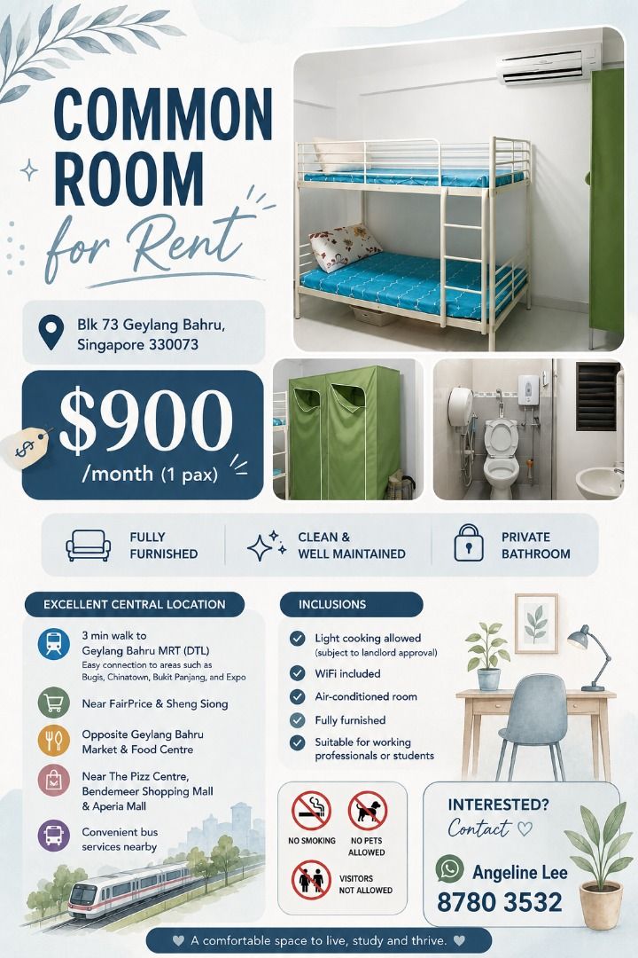 🌟 Fully Furnished Common Room | 3 mins to Geylang Bahru MRT | $900/month (Category: Room Rentals) located in Singapore. Submitted by angelinele65368 (Listing ID 1451679901, Image 1). Description: ✨ Property Highlights 🛏️ Fully furnished and well maintained ❄️ Air-conditioned room with WiFi included 🍳 Light Cooking Allowed (Subject to Approval) 🚇 3-Min Walk to Geylang Bahru MRT 🛍️ Near FairPrice, Sheng Siong & The Poiz Centre 🎓 Conveniently 