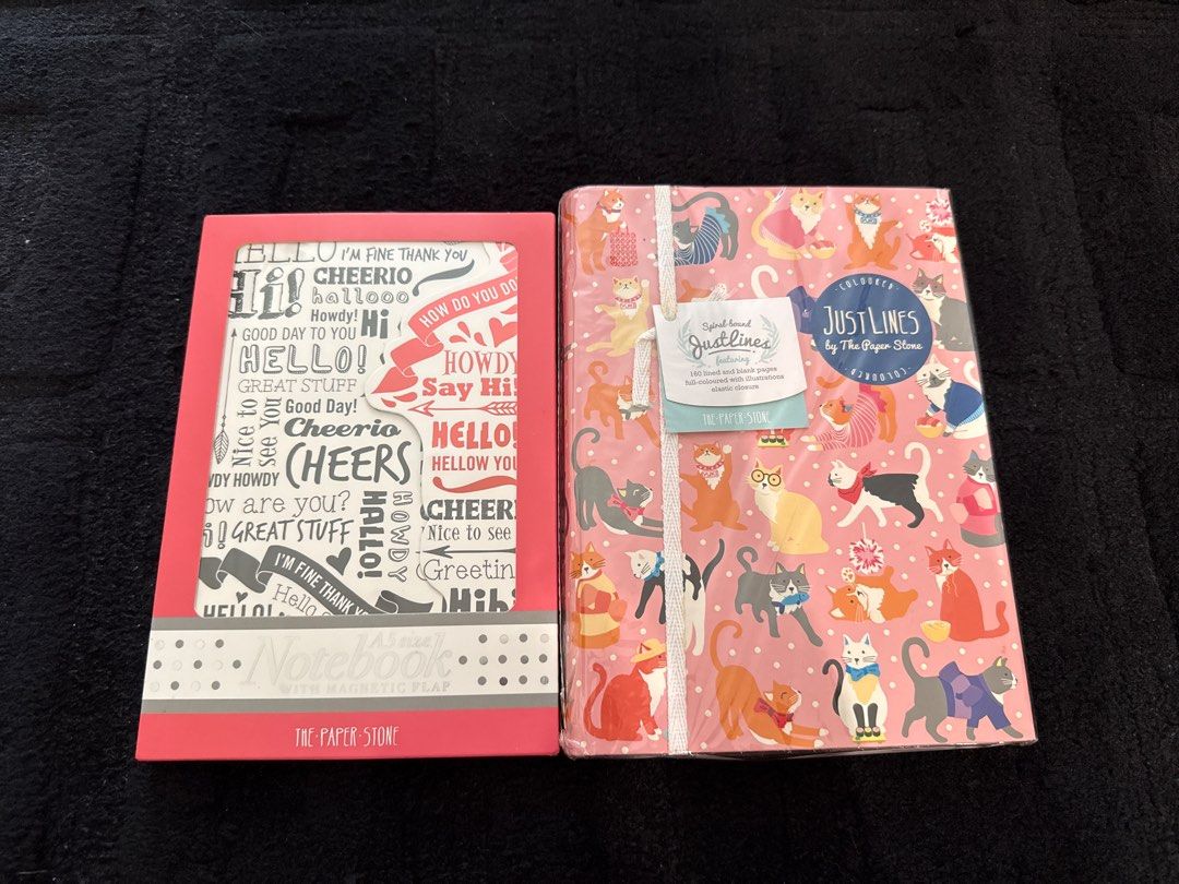 The Paper Stone Notebooks A5 Size & Spiral (Category: Stationery & School Supplies) located in Singapore. Submitted by tiltedmaomi (Listing ID 1451554044, Image 1). Description: - Notebook 1: Spiral-bound just lines. 160 lined and blank pages full-coloured with illustrations. Elastic closure. Cute pink cat design, spiral binding - Notebook 2: A5 notebook. Lined pages, 80gsm paper, perfect binding and magnetic flap closure. Fun greeting cover. - B
