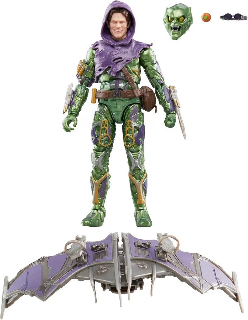 Marvel Legends Green Goblin Action Figure with Glider (Category: Toy Figures) located in Singapore. Submitted by marvelgods (Listing ID 1451841318, Image 1). Description: - Marvel Legends Green Goblin Action Figure - Includes Glider, Alternate Head, and Pumpkin Bomb accessory - Detailed costume with tattered purple hood - Glider features purple and silver design - Ideal for any Spider-Man collector William Defoe Head a bit loose. green goblin hea