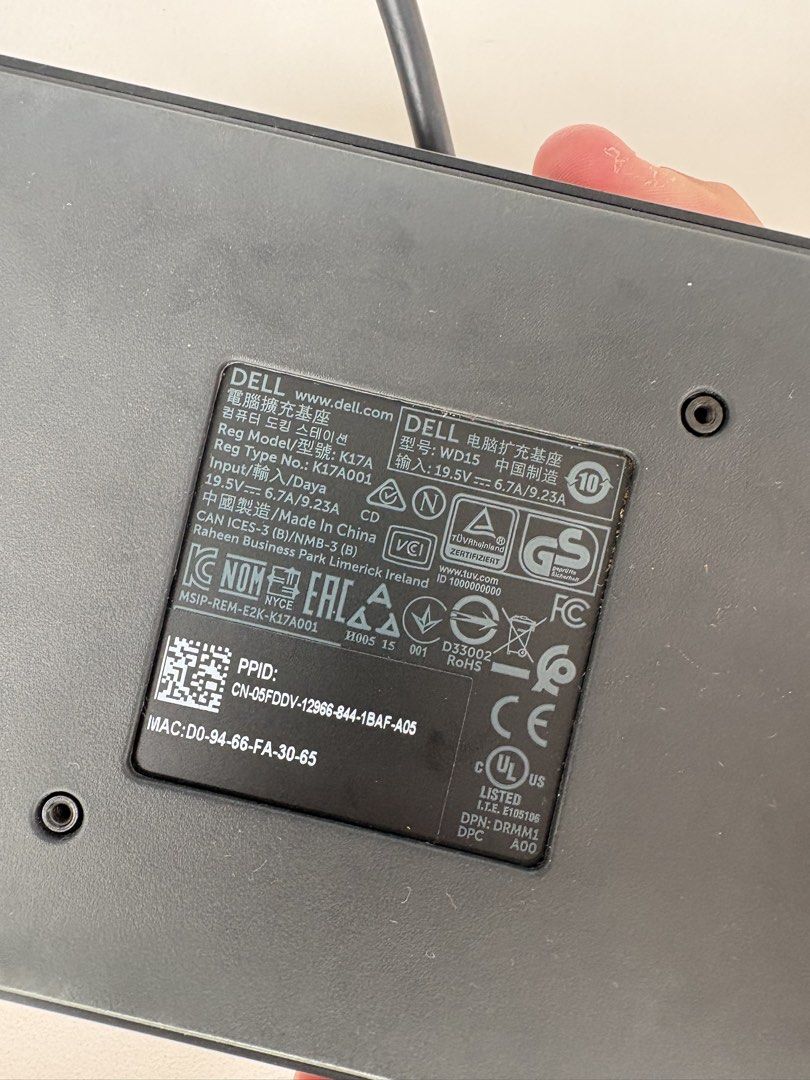 Dell WD15 USB-C Docking Station K17A (Category: Cables & Adaptors) located in Singapore. Submitted by maxime.redhill (Listing ID 1451977074, Image 3). Description: - Dell WD15 USB-C Docking Station - Expands your laptop's connectivity - Ports: USB-A, Ethernet, VGA, HDMI, Audio Jack - Includes power adapter.