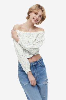 H&M White & Blue Floral Gypsy Off Shoulder Crop Top