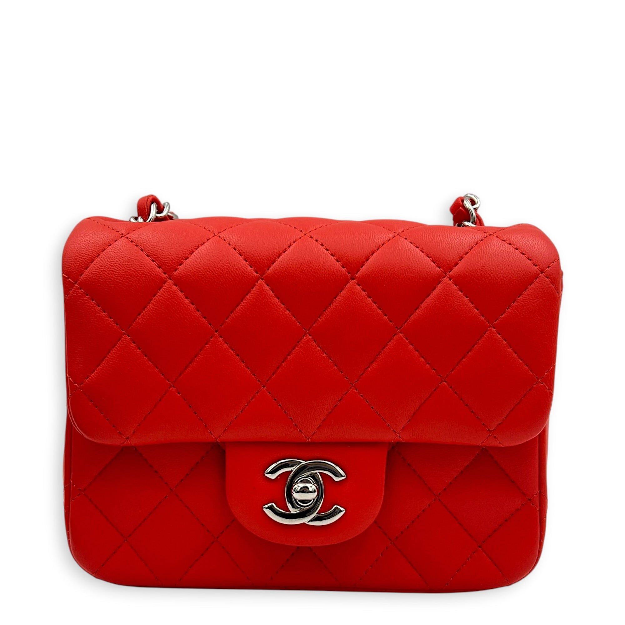 Chanel Square Mini Red Shoulder Bag in Lambskin, Silver hardware (Category: Bags & Wallets) located in Singapore. Submitted by carousellluxury (Listing ID 1452156532, Image 1). Description: SKU C2607-013632AC Material Lambskin Size Mini Color Red Hardware Silver Strap Included, non-detachable and adjustable Dimension (L)17cm x (H)13cm x (W)8cm Accessories Original Box, Dust Bag, Authentication Card, Series 27268206 Circa Est 2019 Microchipped FAL