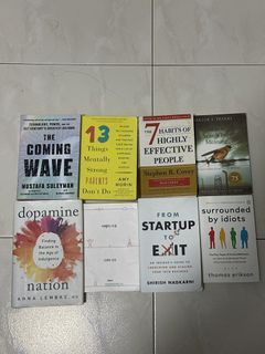 Self-help books; Dopamine Nation, The 7 Habits of Highly Effective People, From Startup To Exit, Surrounded by idiots, Man’s search for meaning, The coming wave, 13 things mentally strong parents don’t do, 여행의 이유 (Reason for traveling)