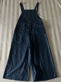 Dark blue wash airy cotton linen loose carpenter dungaree jumpsuit wide leg pants