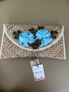 Handmade Straw Clutch with blue flower design