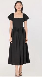 ALTHEA PADDED LINEN FLUTTER SLEEVE SLIT MAXI DRESS