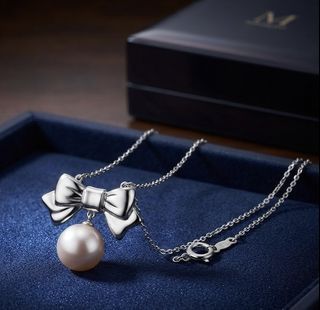 New! Mikimoto pearl with ribbon necklace 925 silver