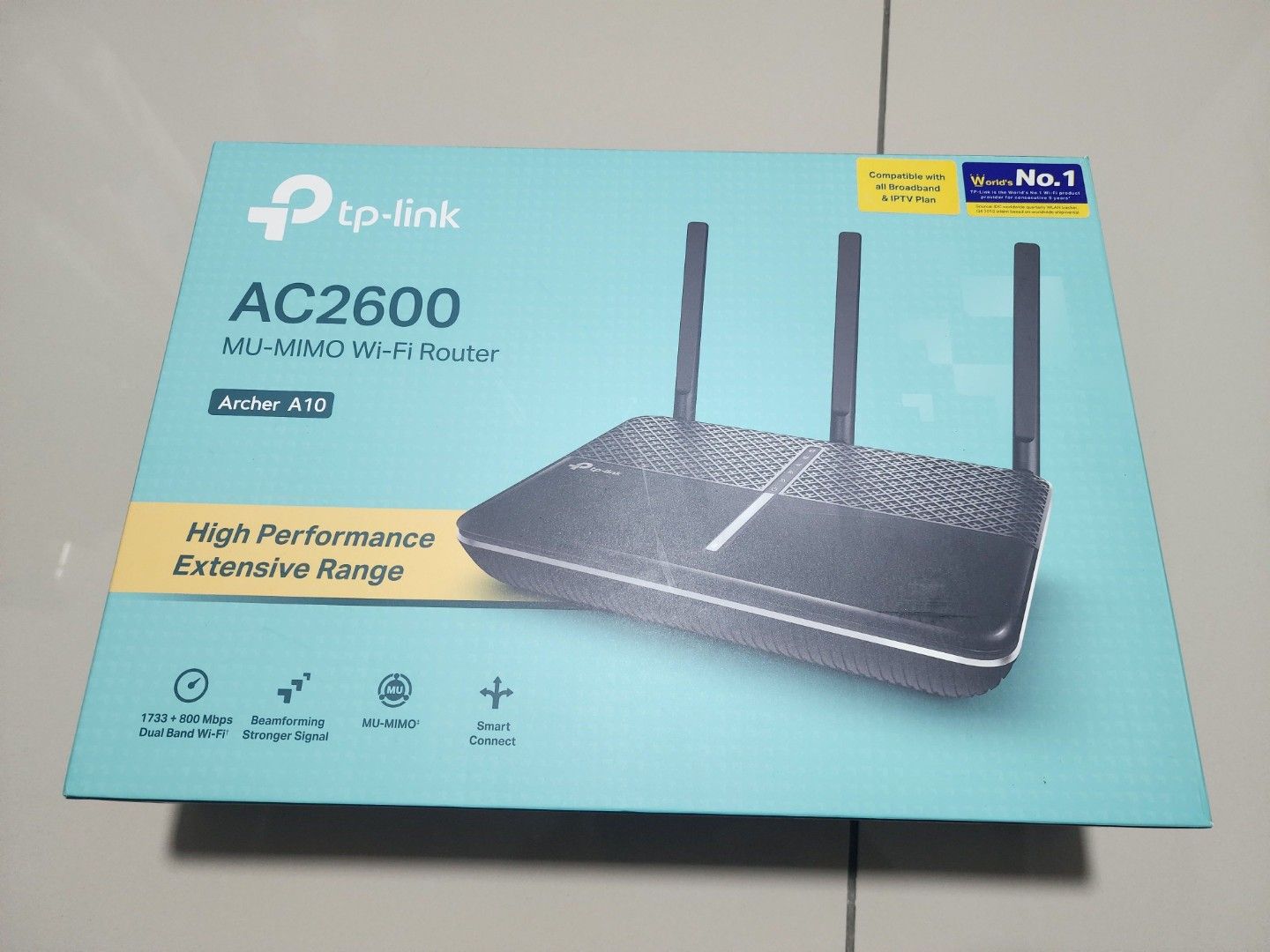 TP-Link AC2600 MU-MIMO Wi-Fi Router Archer A10 (Category: Networking) located in Singapore. Submitted by 85pllo (Listing ID 1448107848, Image 1). Description: - TP-Link Archer A10 AC2600 Wi-Fi Router - High performance and extensive range - Dual-band Wi-Fi - MU-MIMO technology for efficient connectivity - Beamforming focuses Wi-Fi signal - Smart Connect intelligently assigns devices to optimal bands - Includes router, power adapter, and Ethernet 