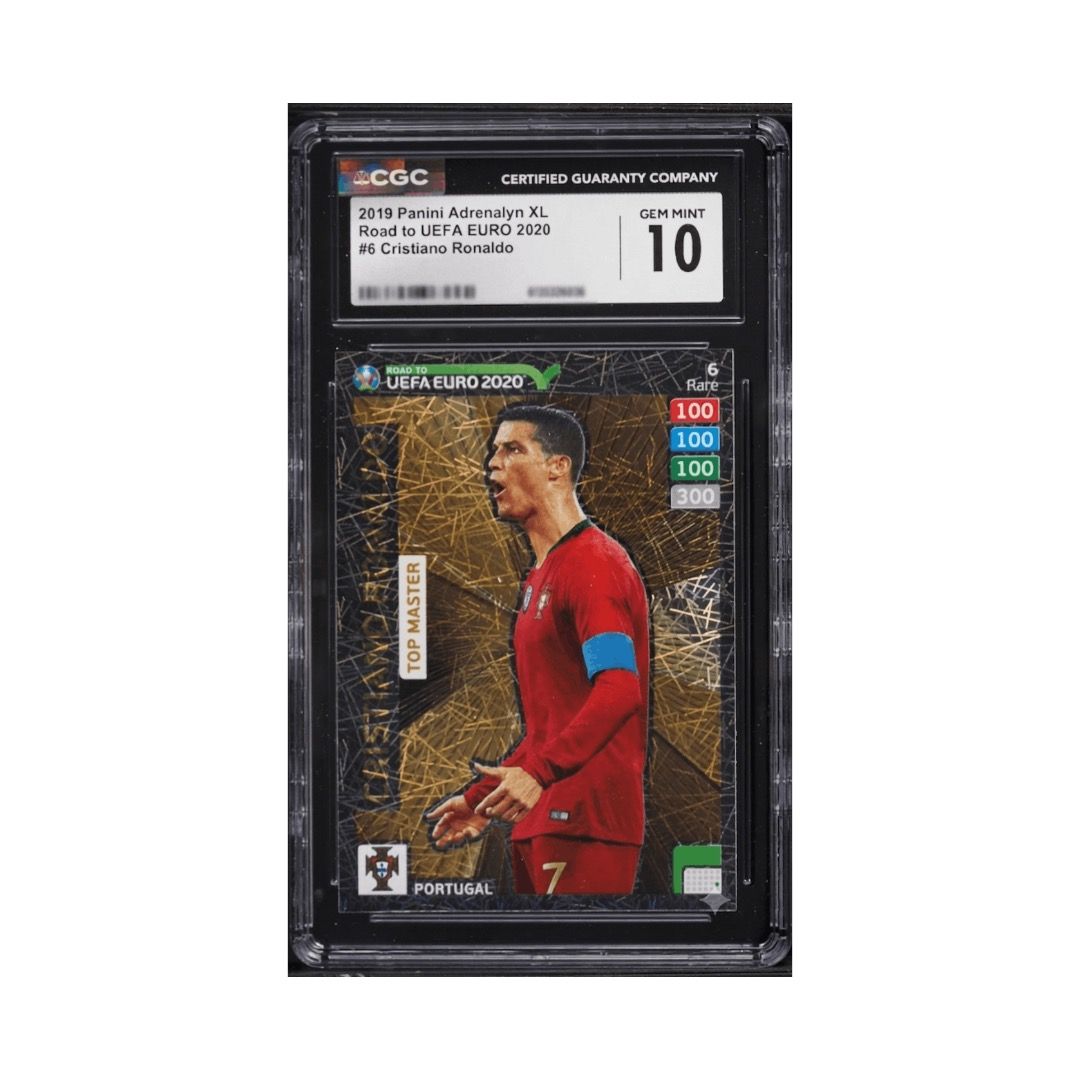 2019 Panini Adrenalyn XL Road To UEFA EURO 2020 Cristiano Ronaldo #6 CGC 10 GEM MINT Card Portugal Legendary (Category: Raw Cards) located in Singapore. Submitted by rusxx (Listing ID 1448461403, Image 1). Description: - 2019 Panini Adrenalyn XL Road to UEFA EURO 2020 card - Features Cristiano Ronaldo, card number #5 - Top Master card type - Graded Gem Mint 10 by CGC - Comes in a protective case - Perfect for collectors! About 3 weeks to reach Si