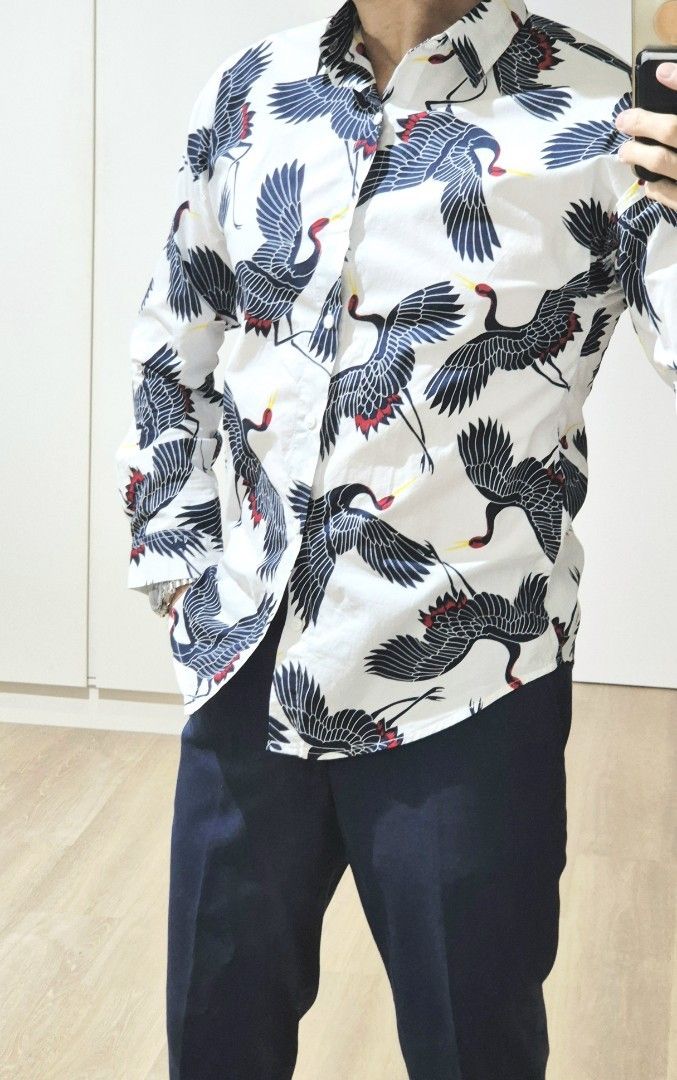 Rare JAPAN Crane Print, Batik, button-up white long-sleeve shirt, Men (Category: Shirts) located in Singapore. Submitted by gleeli (Listing ID 1448420219, Image 4). Description: - Rare Made In Japan, White button-up shirt, Batik - Size S or M, Slim Fit, thin light material - Beautiful dark blue repeated crane print with red and yellow accents - Bought in Japan for SG$80++ (yr 2022) - Very good condition, hardly worn - Item is packed and ready to 