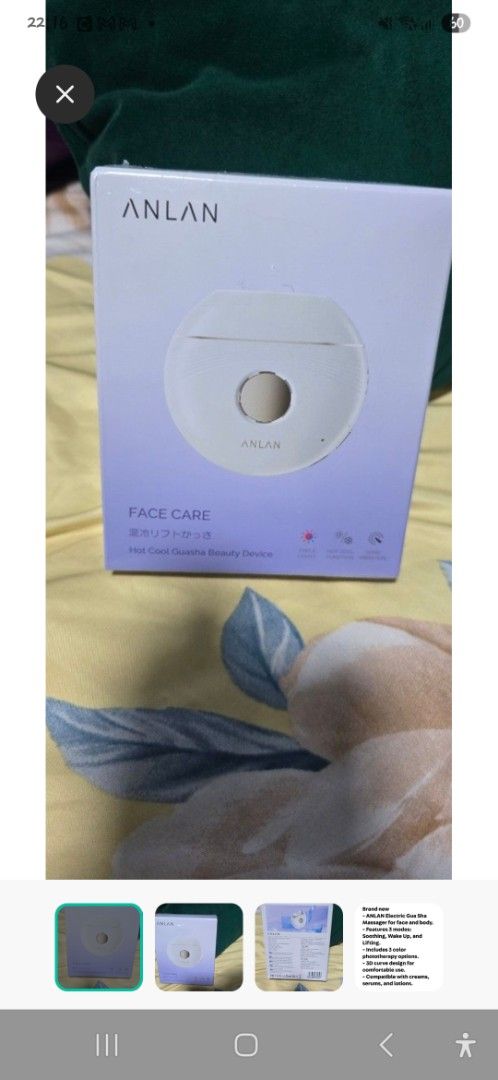 ANLAN Face Care Hot Cool Guasha Beauty Device (Category: Face Care) located in Singapore. Submitted by isha75 (Listing ID 1453194833, Image 1). Description: - ANLAN Hot Cool Guasha Beauty Device - For face care, lifting, and firming - Features 3 distinct modes for various needs - Boosts absorption of your favorite creams and serums - Achieve a radiant, glowing complexion.