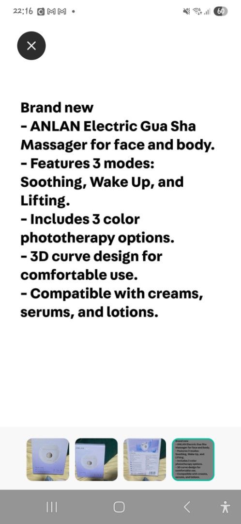 ANLAN Face Care Hot Cool Guasha Beauty Device (Category: Face Care) located in Singapore. Submitted by isha75 (Listing ID 1453194833, Image 2). Description: - ANLAN Hot Cool Guasha Beauty Device - For face care, lifting, and firming - Features 3 distinct modes for various needs - Boosts absorption of your favorite creams and serums - Achieve a radiant, glowing complexion.