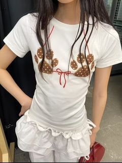 Y2k White T-shirt with Paw Print Bikini Design