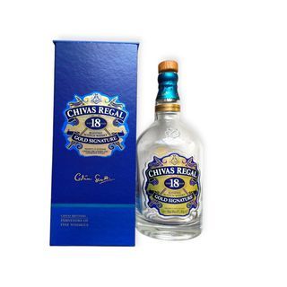 Empty Chivas Regal 18 Year Old Gold Signature Scotch Whisky bottle, complete with its original blue presentation box, internal plastic protective inserts, and wood-topped cork. Ideal for props, collector ornament displays, upcycling, or DIY crafts.