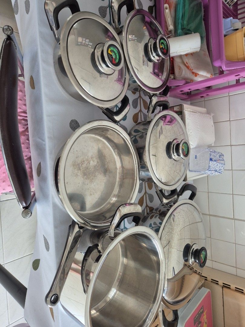 FMK Cookware Set with Thermometers (Category: Cookware & Accessories) located in Singapore. Submitted by worldoutthere82 (Listing ID 1454796155, Image 1). Description: - FMK Stainless Steel Pots & Pans Set of multiple sizes. - Lids feature integrated thermometers for precise cooking. - Ready for your kitchen after some scrubbing. - Could sell individually ( $20) or as a set ( $120) - Self collect - By cash.