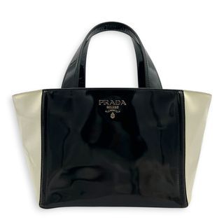 Prada Logo Black Top Handle Bag in Patent Leather, Silver hardware