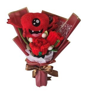 Red Monster Soft Toy With Roses Flowers Bouquet Handmade Gift Anniversary Graduation Birthday Pipe Cleaner Flower