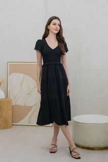 TSW Stormi Smocked Tier Midi Dress Black