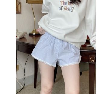 Blue Striped Pajama Shorts with Lace Trim