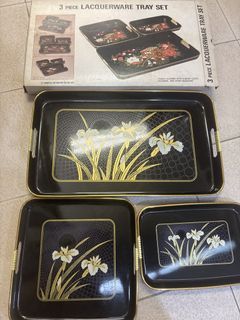 (LOWEST) Vintage 70s 3 piece Japanese lacquer tray set