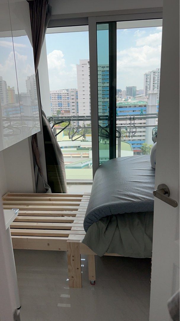 Folding Bed Solid Wood Extendable Bed Frame Sofa Bed Solid Wooden Foldable Bed Single Bed Frame Bed Frame Bed Frame with Grey Mattress (Category: Bed Frames & Mattresses) located in Singapore. Submitted by agirl. (Listing ID 1455738431, Image 4). Description: Actual photos in pic 2,3,4,5 - Wooden bed frame used several weeks - no mattress - original price SGD370 - Pickup only.