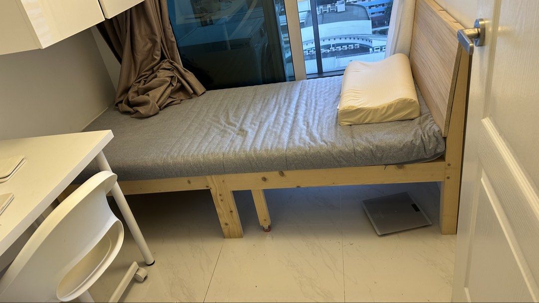 Folding Bed Solid Wood Extendable Bed Frame Sofa Bed Solid Wooden Foldable Bed Single Bed Frame Bed Frame Bed Frame with Grey Mattress (Category: Bed Frames & Mattresses) located in Singapore. Submitted by agirl. (Listing ID 1455738431, Image 2). Description: Actual photos in pic 2,3,4,5 - Wooden bed frame used several weeks - no mattress - original price SGD370 - Pickup only.