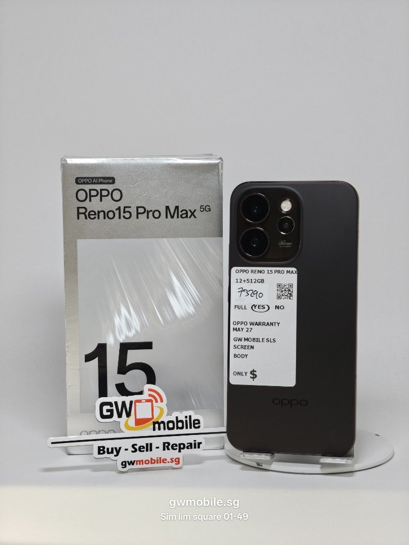 Oppo Reno 15 Pro Max 5G Dusk Brown 512GB (Category: OPPO) located in Singapore. Submitted by gwmobile.sg (Listing ID 1455753596, Image 1). Description: .