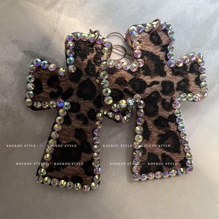 y2k/gyaru bedazzled cheetah print cross earrings