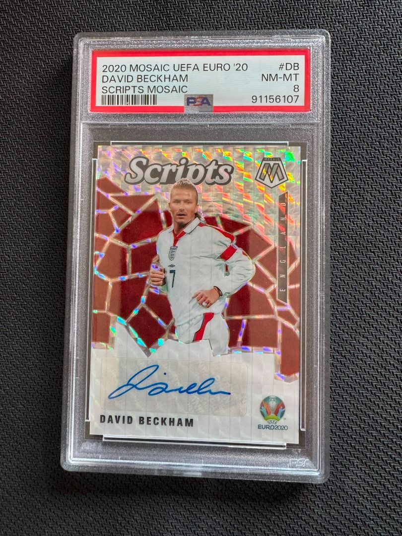 2020 Panini Soccer Card Mosaic UEFA Euro David Beckham England Scripts Mosaic Autograph PSA 8 (Category: Graded Cards) located in Singapore. Submitted by touchline_collections (Listing ID 1456021078, Image 1). Description: 2020 Panini Soccer Card Mosaic UEFA Euro David Beckham England Scripts Mosaic Autograph PSA 8.