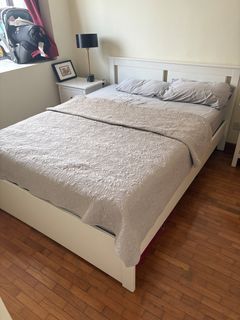 White Wooden Bed Frame with Mattress