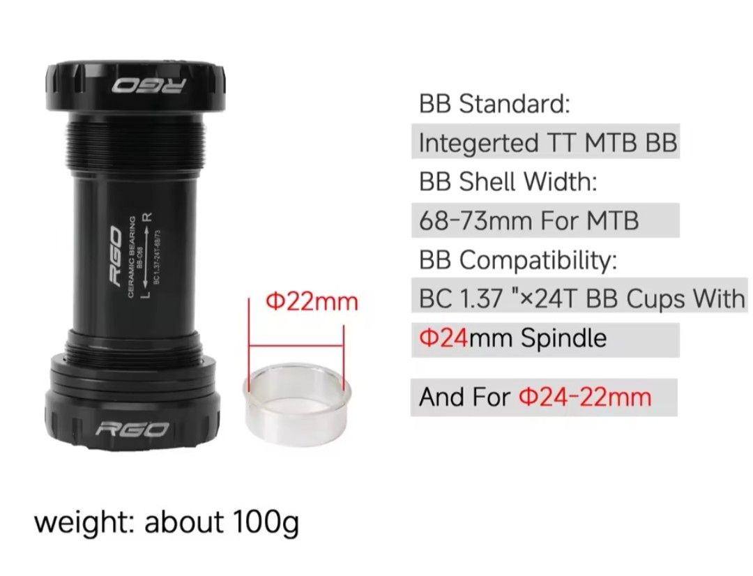 Ceramic BB / Bottom Bracket (Category: Parts & Accessories) located in Singapore. Submitted by adrianpc (Listing ID 1456176737, Image 1). Description: - Ceramic Bottom Bracket - Ceramic Bearings for smooth performance - BB Shell Width: 68-73mm - Spindle Compatibility: BC 1.37"x24T BB Cups, 24mm spindle, and 24-22mm spindles - Approximate Weight: 100g.