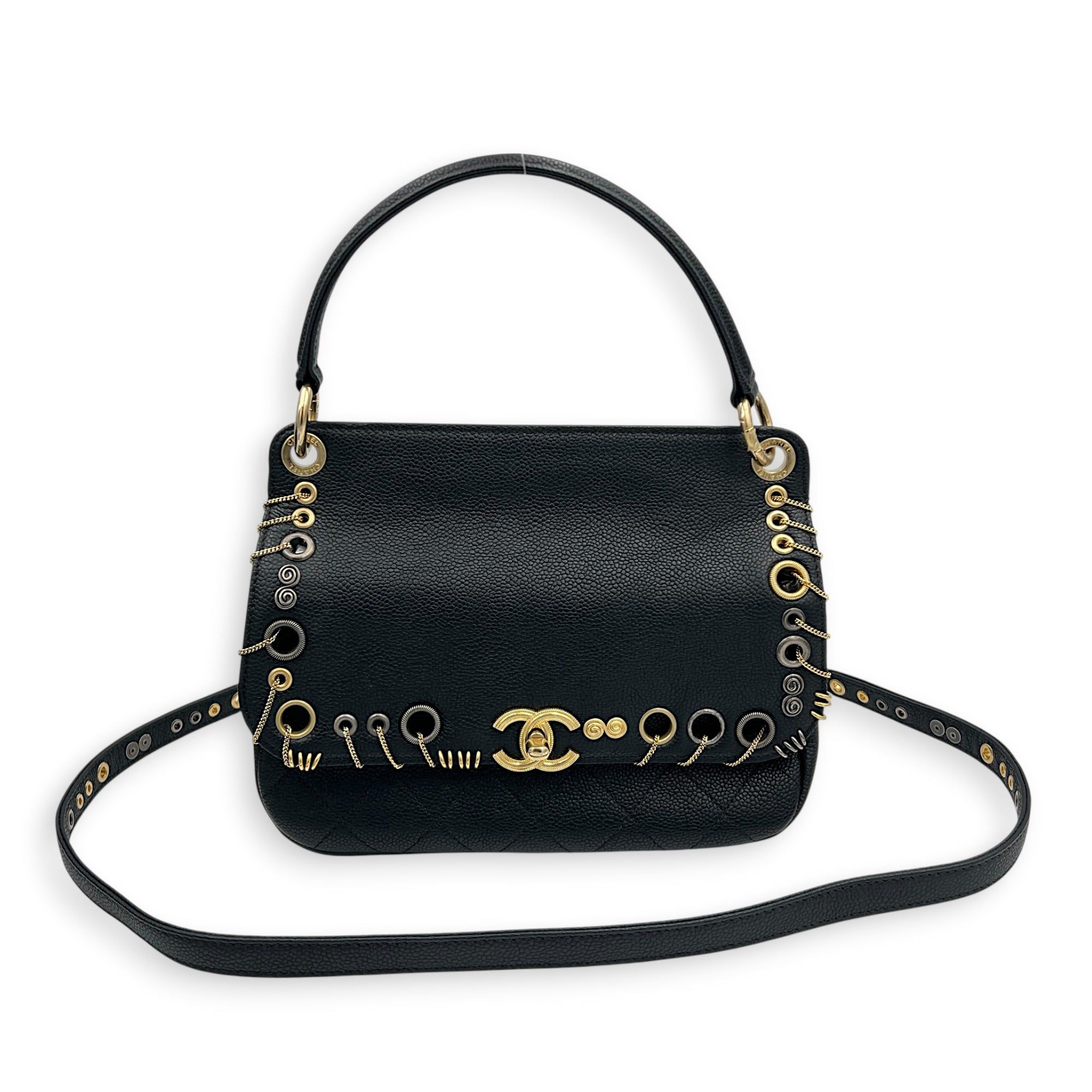 Chanel Piercing Chic Flap Top Handle Bag Black in Caviar Leather, Mixed hardware (Category: Bags & Wallets) located in Singapore. Submitted by carousellluxury (Listing ID 1440653109, Image 7). Description: SKU C2605-011920AN Material Caviar Leather Color Black Hardware Mixed Strap Included, detachable Dimension (L)23cmx(H)19cmx(W)8cm Accessories Dust Bag, Series 25341055 Circa Est 2018 Microchipped FALSE Condition - Surface: Light signs of wear -