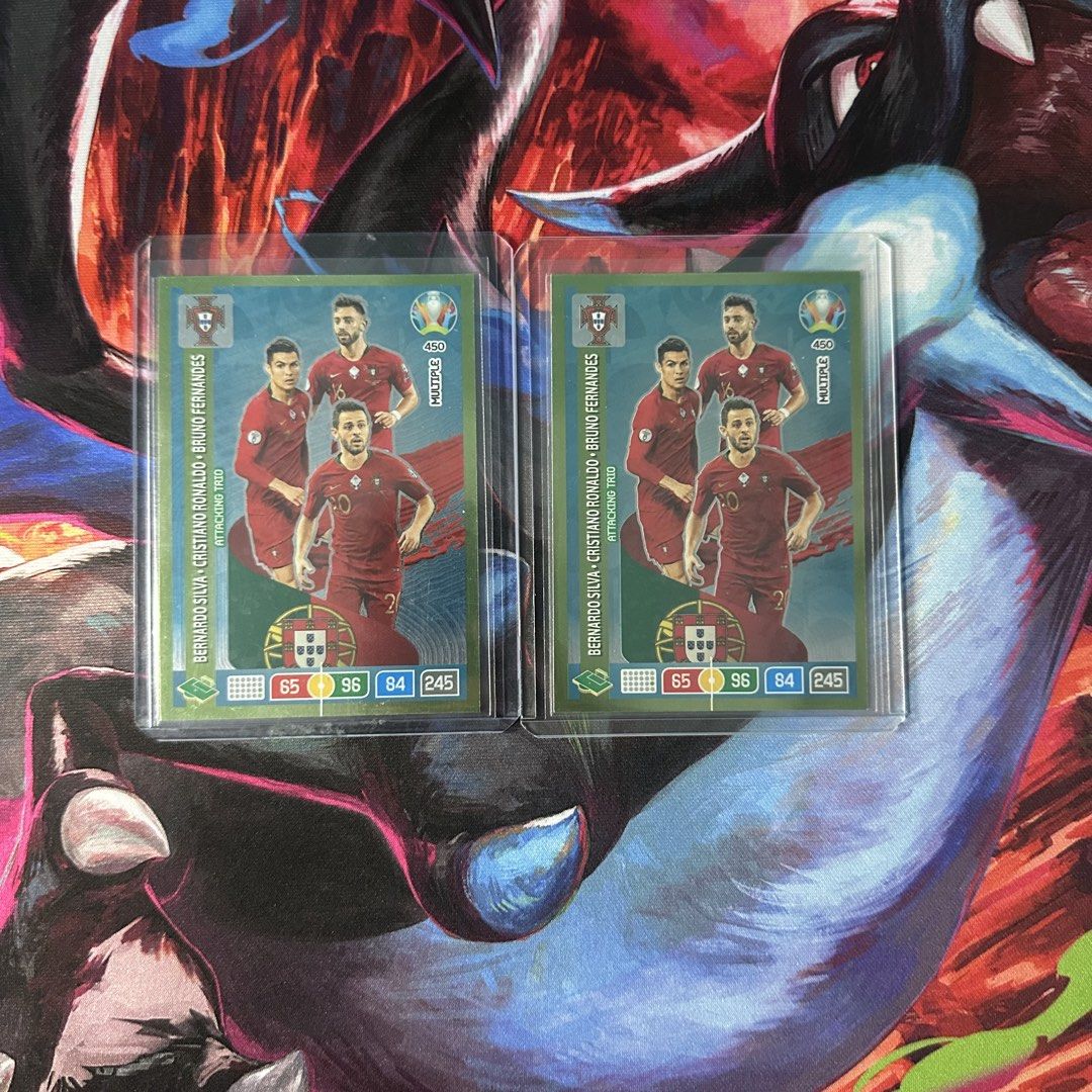 Panini Adrenalyn XL Euro 2020 Attacking Trio Bernardo Silva, Cristiano Ronaldo, Bruno Fernandes football card PORTUGAL (Category: Raw Cards) located in Singapore. Submitted by tradingcardscollector (Listing ID 1456145325, Image 1). Description: $7 each.