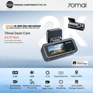 70mai A410 Neo DashCam 2K Front + 1080P Rear | HDR Night Vision | Built-in GPS | Buffered Emergency Recording