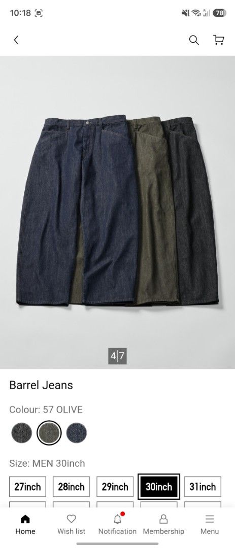 Uniqlo mens barrel jeans (Category: Jeans) located in Singapore. Submitted by dealbreakers6 (Listing ID 1456246057, Image 2). Description: size 30inch brand new totally unworn. accidentally cut tag away so cant exchange. bought wrong size. olive color men's barrel jeans bought from uniqlo at $59.90 just last week..