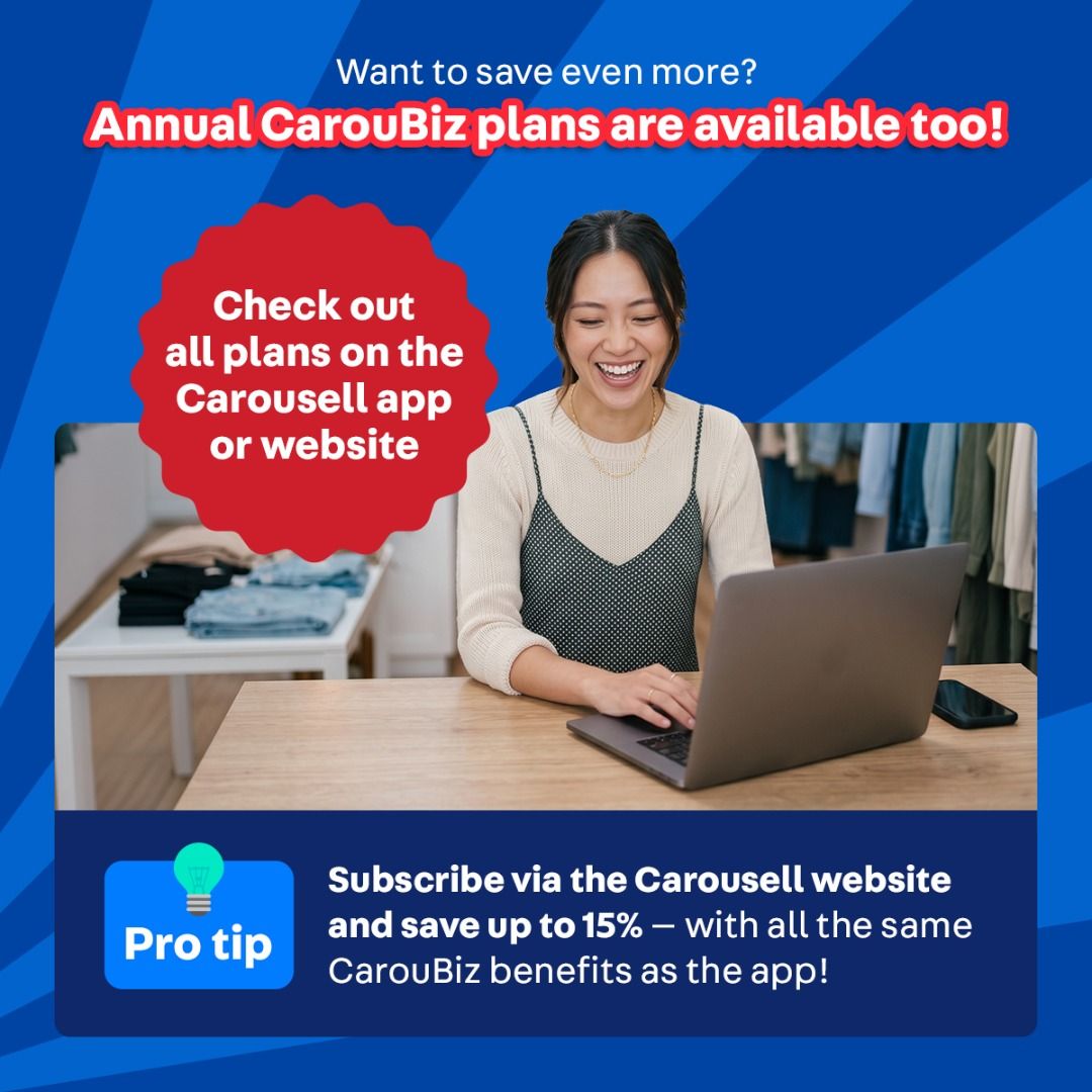 Celebrate Our 14th Anniversary — Grow Bigger with CarouBiz! 🎉 (Category: Announcements) located in Singapore. Submitted by carousell_promote (Listing ID 1456102410, Image 6). Description: We're turning 14 — let's make this your biggest year! 🎉 With CarouBiz, you get access to advanced selling tools that help you list more, reach more buyers and grow faster: 💰 Get monthly Coins to boost your listings and increase visibility 💬 Quick and auto re