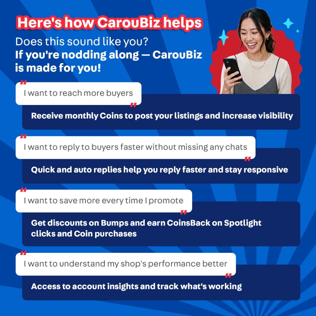 Celebrate Our 14th Anniversary — Grow Bigger with CarouBiz! 🎉 (Category: Announcements) located in Singapore. Submitted by carousell_promote (Listing ID 1456102410, Image 2). Description: We're turning 14 — let's make this your biggest year! 🎉 With CarouBiz, you get access to advanced selling tools that help you list more, reach more buyers and grow faster: 💰 Get monthly Coins to boost your listings and increase visibility 💬 Quick and auto re