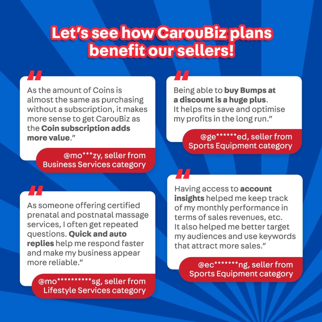 Celebrate Our 14th Anniversary — Grow Bigger with CarouBiz! 🎉 (Category: Announcements) located in Singapore. Submitted by carousell_promote (Listing ID 1456102410, Image 5). Description: We're turning 14 — let's make this your biggest year! 🎉 With CarouBiz, you get access to advanced selling tools that help you list more, reach more buyers and grow faster: 💰 Get monthly Coins to boost your listings and increase visibility 💬 Quick and auto re
