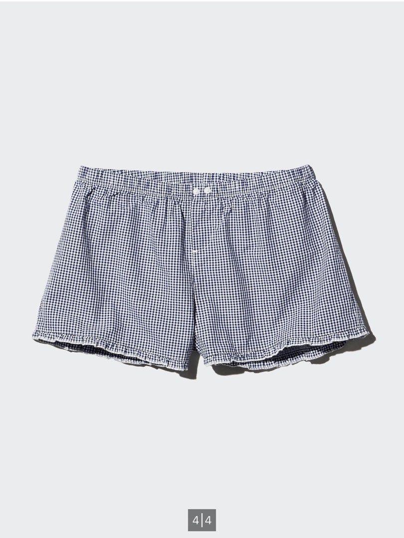 BNWT UNIQLO Cotton Boxer Easy Shorts (Category: Shorts) located in Singapore. Submitted by stilettos13 (Listing ID 1453378826, Image 1). Description: - Material: Comfy Cotton - Design: Classic Navy Gingham Pattern - Features: Elastic waistband, button fly - Ideal for: Lounging or sleeping - Size: Medium (M) scroll to last photo for measurements .