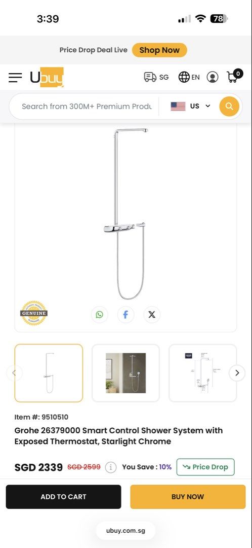 Grohe Euphoria Smart Control wall mount (Category: Bathroom & Kitchen Fixtures) located in Singapore. Submitted by mistercurator (Listing ID 1453306829, Image 1). Description: Grohe wall mount system none conceal. New in box never installed. Purchased but went for full conceal system instead so selling at a loss. Comes with rain shower (attached in pictures) Comes with temperature control single big knob. 2 buttons which controls rain shower and 