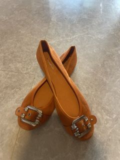 Orange Suede Ballet Flats with Buckle Detail