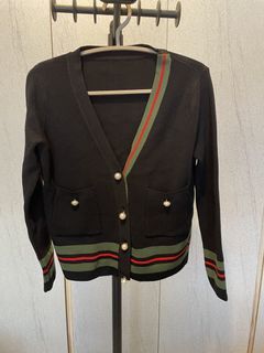 Black V-Neck Cardigan with Green and Red Stripe Detail