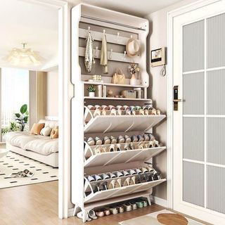 Cream-Colored Ultra-Slim Flip-Top Shoe Cabinet—Shoe Cabinet and Coat Rack in One  Free Delivery Included.  Entryway Cabinet, Living Room & Balcony Shoe Cabinet, Entryway Sideboard, Shoe Storage Cabinet, Storage Cabinet, Tall Cabinet, Shoe Cabinet
