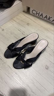 DMK Black Satin Bow Block Heel Mules
