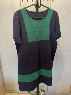 Navy Blue and Green Colorblock Short Sleeve Dress