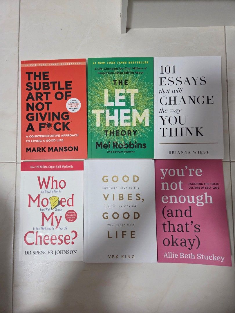 Self-Help & Personal Development Books Bundle (Category: Storybooks) located in Singapore. Submitted by snappysurprise (Listing ID 1457106536, Image 1). Description: - Bundle of popular self-help and personal development books. - Titles include: - The Subtle Art of Not Giving a F*ck $10 - The Let Them Theory $10 SOLD - 101 Essays That Will Change the Way You Think $10 - Good Vibes, Good Life $5 - You're Not Enough (and That's Okay) $5 - Who Moved